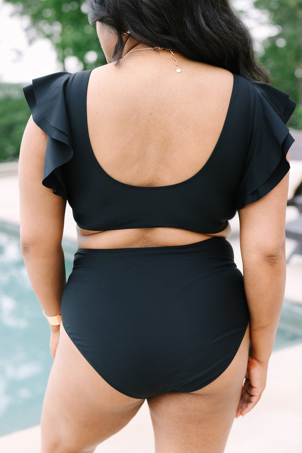 Chic Soul Plus Size Clothing, a black swim top with a gold V detail at center bust and ruffle sleeves