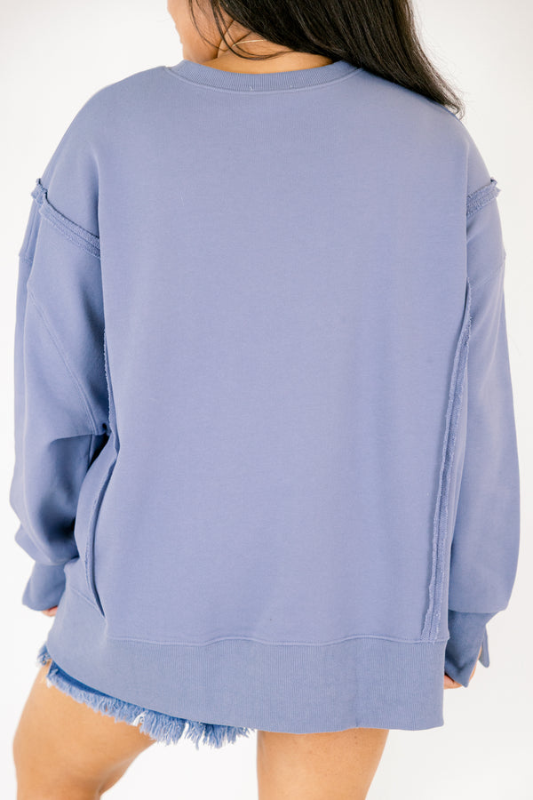Chic Soul plus size clothing, denim blue long sleeve crewneck with 