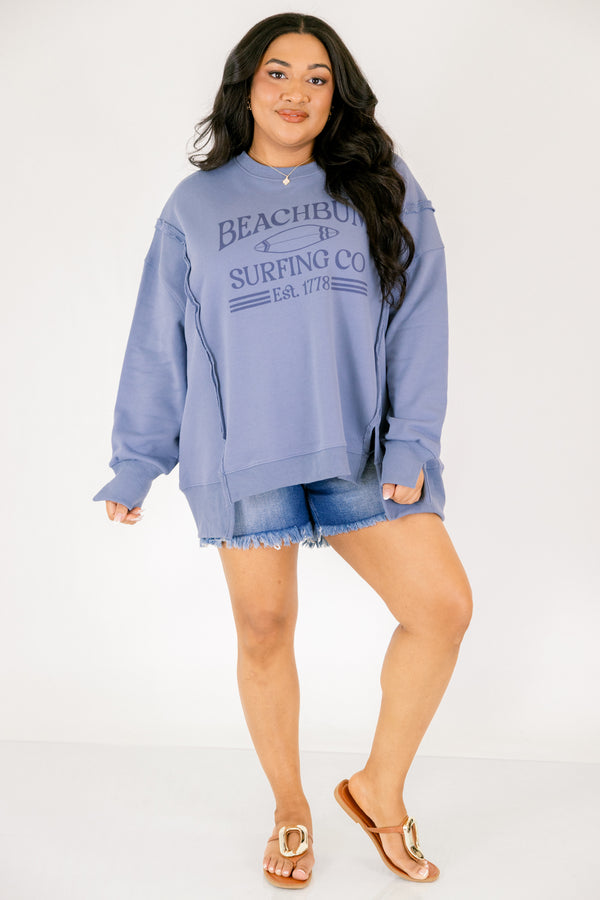 Chic Soul plus size clothing, denim blue long sleeve crewneck with 