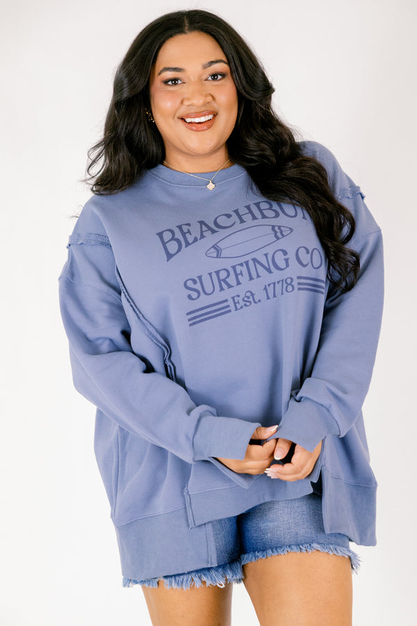 Chic Soul plus size clothing, denim blue long sleeve crewneck with 