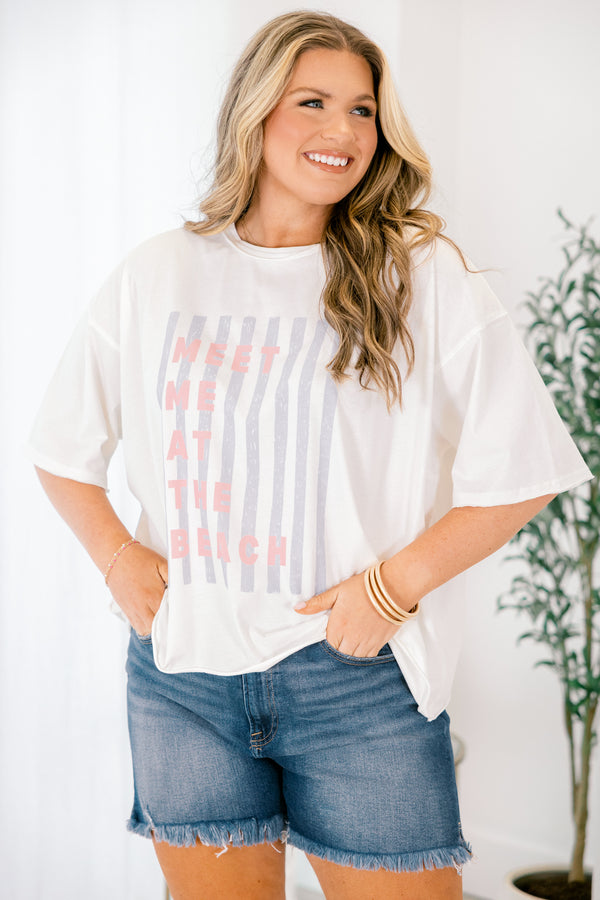 Chic Soul plus size clothing, white oversized boyfriend tee with blue horizontal stripes and 