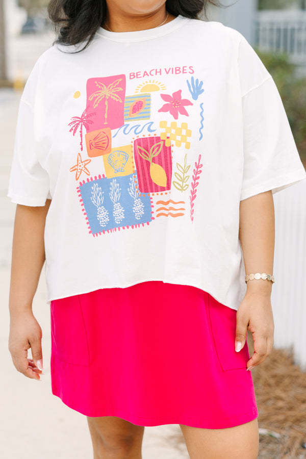 Chic Soul plus size clothing, white short sleeve slightly cropped tee with bright multi colored beach themed graphics and stamps scattered on the front of the shirt
