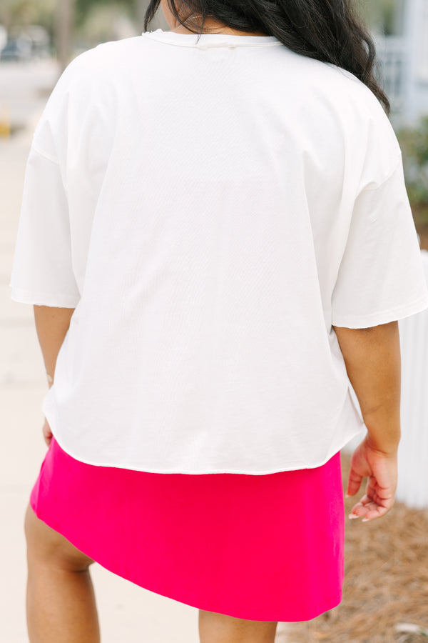 Chic Soul plus size clothing, white short sleeve slightly cropped tee with bright multi colored beach themed graphics and stamps scattered on the front of the shirt
