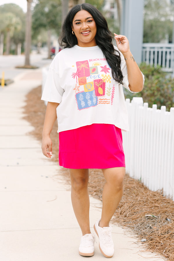 Chic Soul plus size clothing, white short sleeve slightly cropped tee with bright multi colored beach themed graphics and stamps scattered on the front of the shirt
