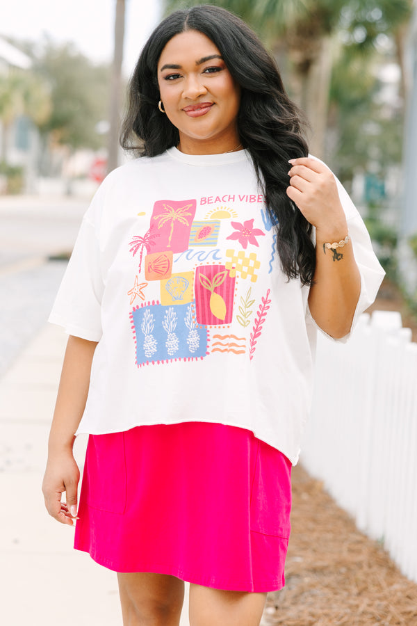 Chic Soul plus size clothing, white short sleeve slightly cropped tee with bright multi colored beach themed graphics and stamps scattered on the front of the shirt

