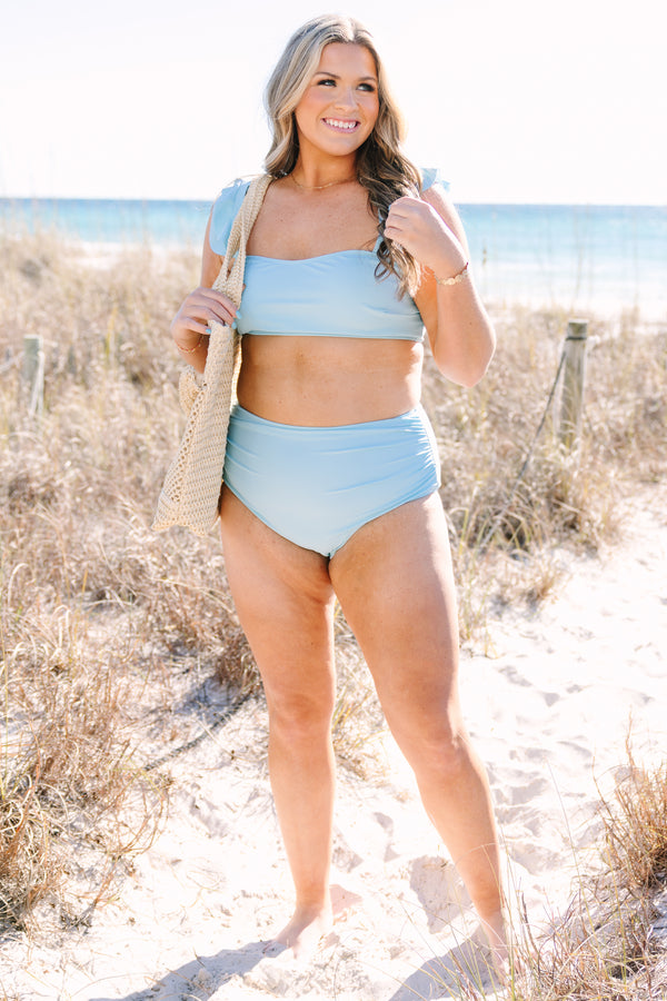 Chic Soul plus size clothing, aqua straight across bikini top with sleeves that have a ruffle detail on them 