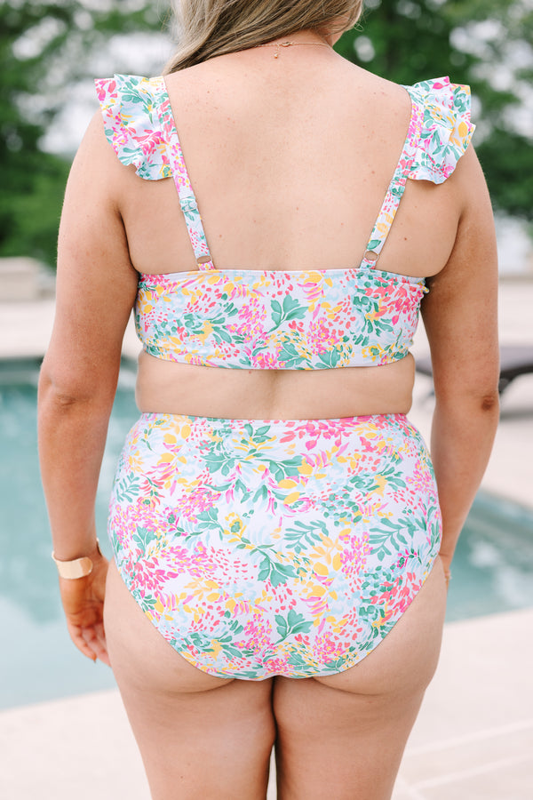 Plus Size floral mix swim top with ruffled straps and a square neckline.