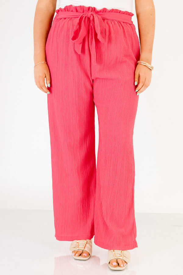 Chic Soul plus size clothing, hot pink elastic waistband flowy straight leg pants with belt tying in a bow