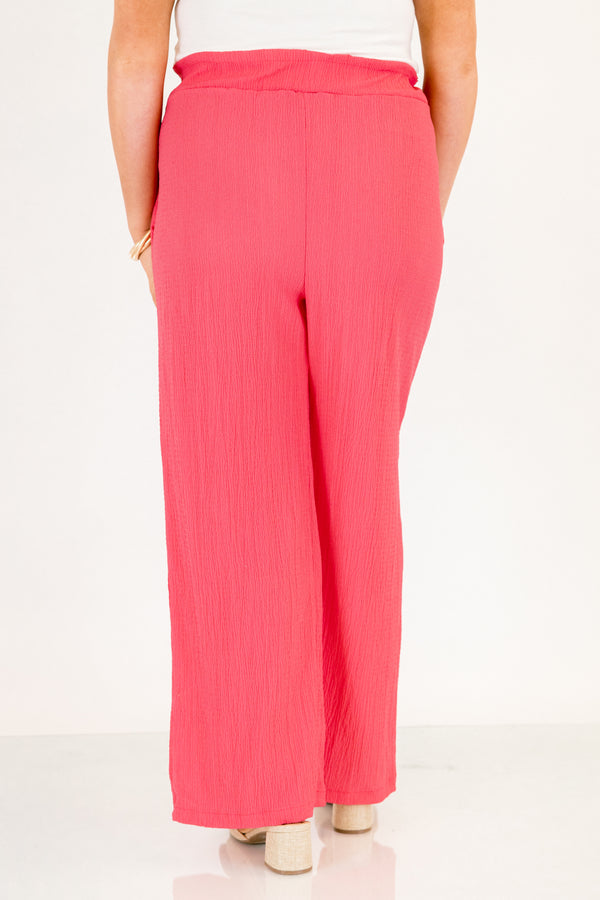 Chic Soul plus size clothing, hot pink elastic waistband flowy straight leg pants with belt tying in a bow