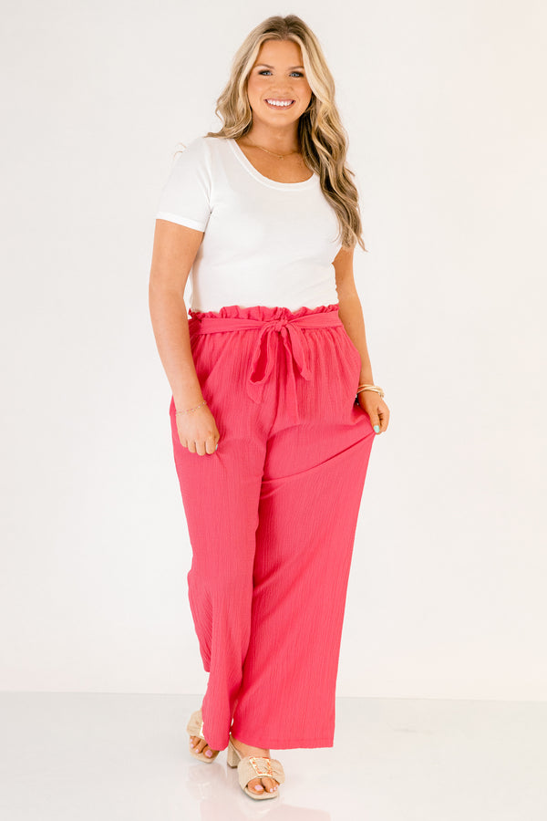 Chic Soul plus size clothing, hot pink elastic waistband flowy straight leg pants with belt tying in a bow