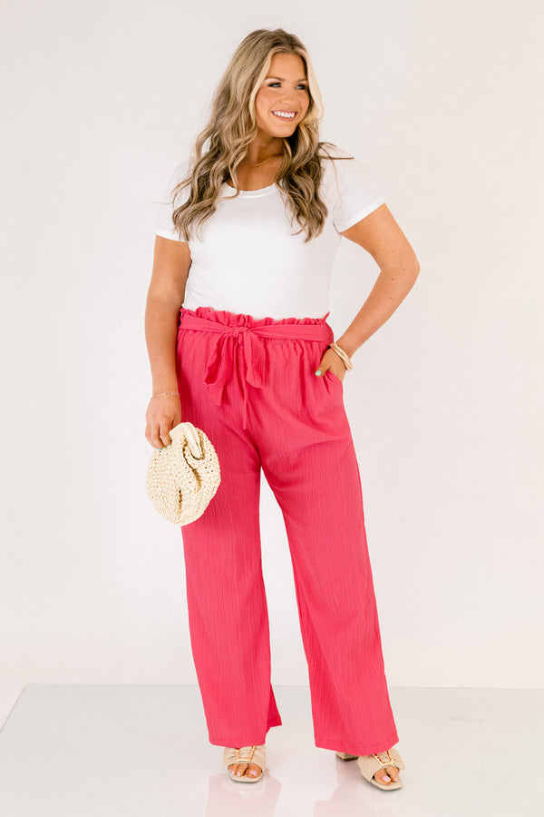 Chic Soul plus size clothing, hot pink elastic waistband flowy straight leg pants with belt tying in a bow