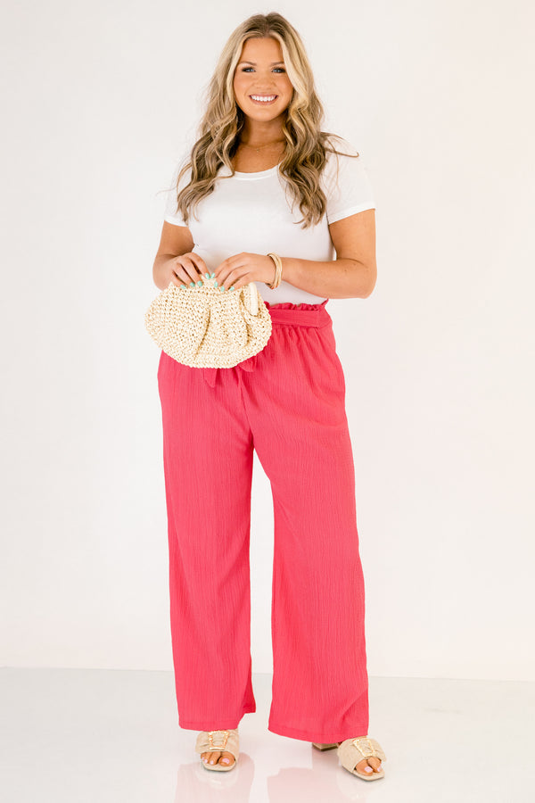 Chic Soul plus size clothing, hot pink elastic waistband flowy straight leg pants with belt tying in a bow