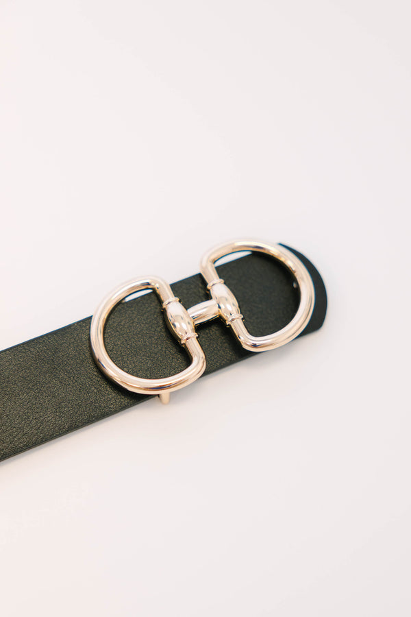 Plus Size black textured faux leather belt featuring a polished gold-tone double-ring buckle.