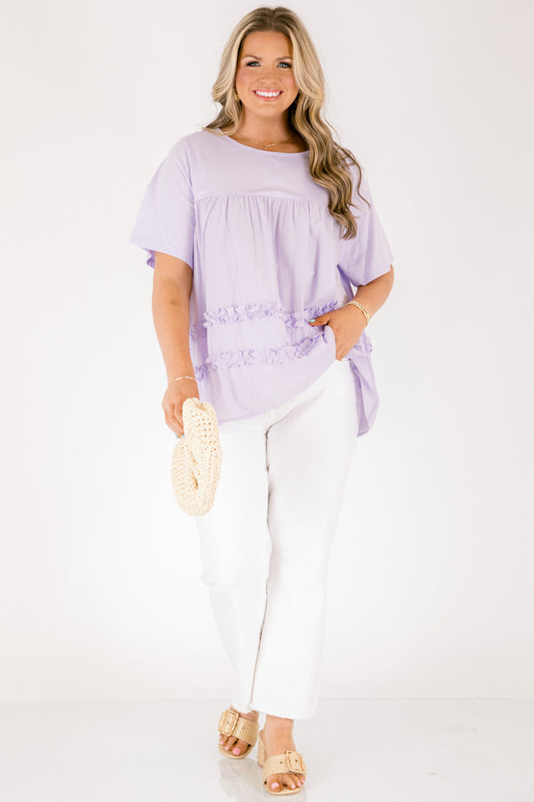 Chic Soul plus size clothing, light lavender short sleeve baby doll top with 2 rows of ruffles on the bottom