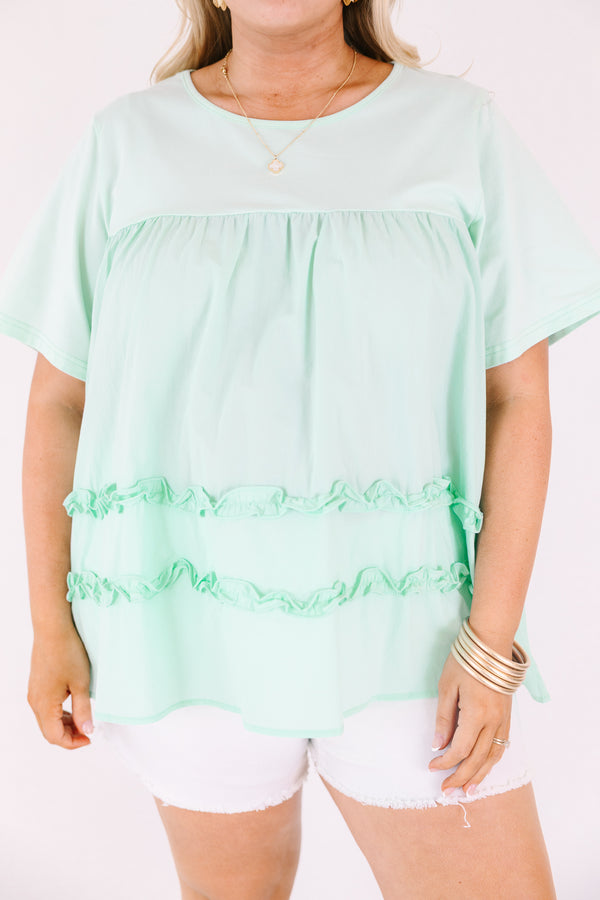 Chic Soul plus size clothing, mint short sleeve flowy top with round neckline with cinch along chest with ruffle stripe detail along bottom