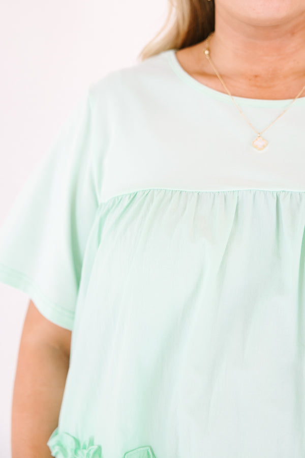 Chic Soul plus size clothing, mint short sleeve flowy top with round neckline with cinch along chest with ruffle stripe detail along bottom