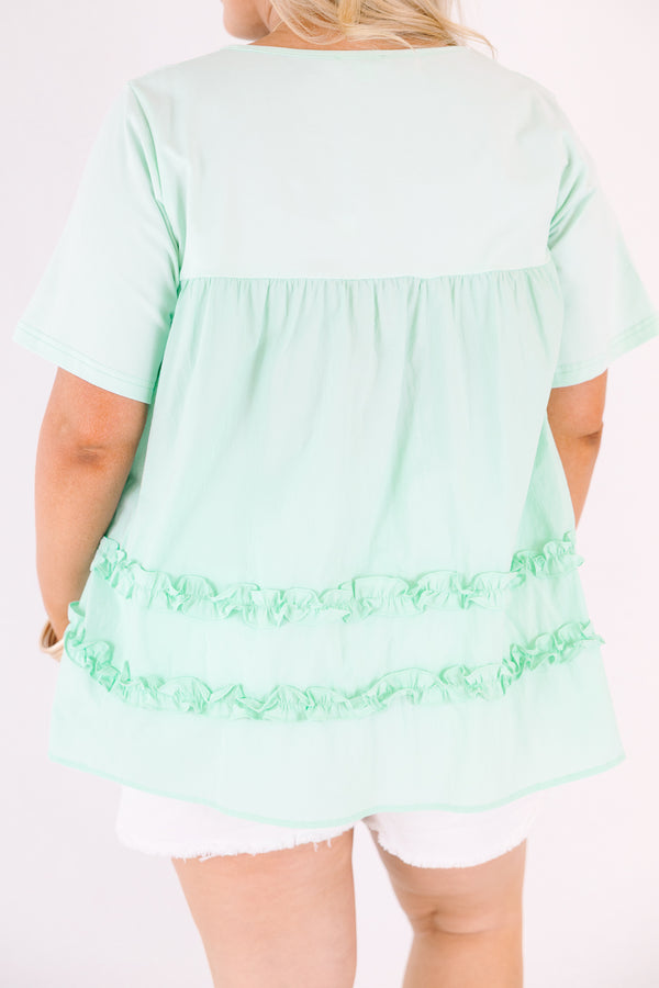 Chic Soul plus size clothing, mint short sleeve flowy top with round neckline with cinch along chest with ruffle stripe detail along bottom
