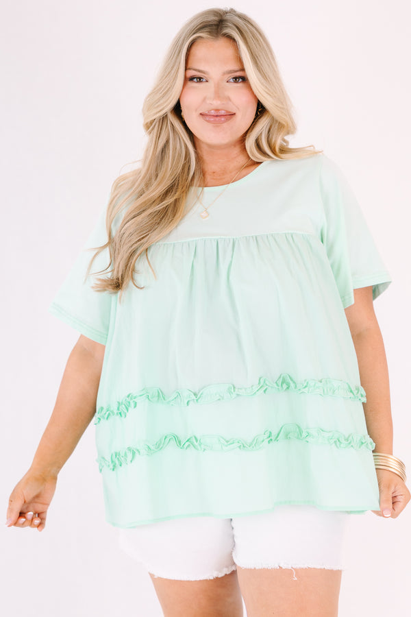 Chic Soul plus size clothing, mint short sleeve flowy top with round neckline with cinch along chest with ruffle stripe detail along bottom
