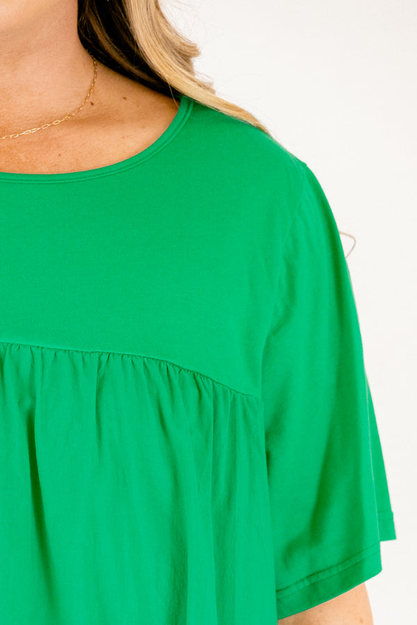 Chic Soul plus size clothing, green short sleeve baby doll top with 2 ruffle strip detailing 