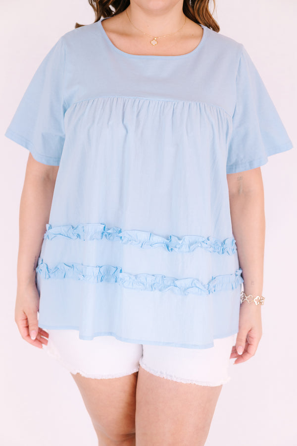 Chic Soul plus size clothing, light blue short sleeve crew neck baby doll top with 2 ruffle stripes around the bottom of the torso
