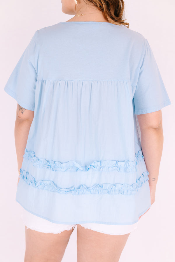Chic Soul plus size clothing, light blue short sleeve crew neck baby doll top with 2 ruffle stripes around the bottom of the torso
