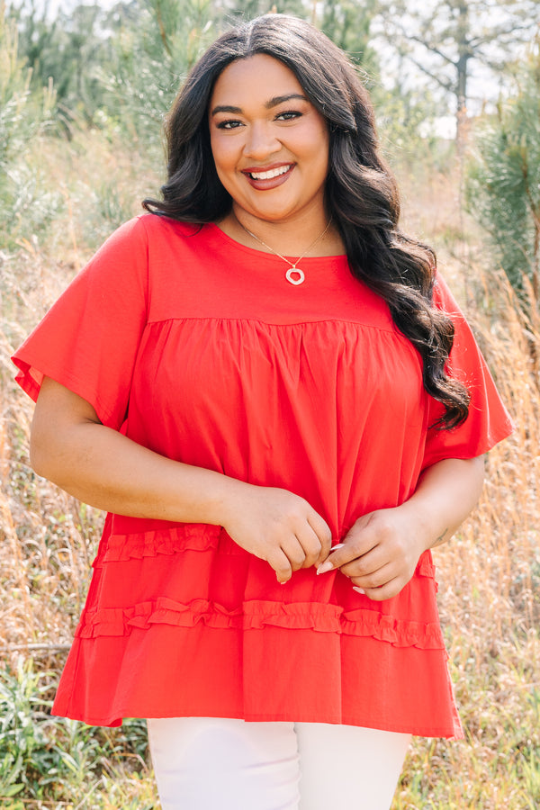 Chic Soul plus size clothing, red short sleeve top with two ruffle stripes going across the top 
