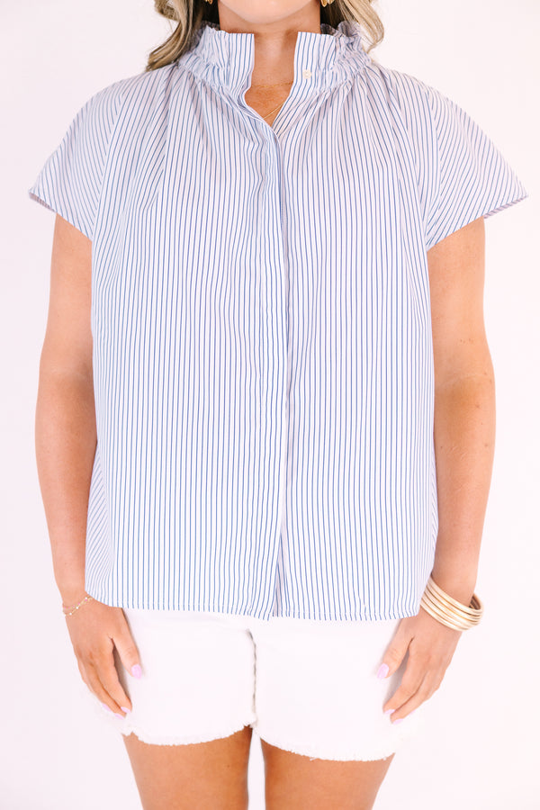 Chic Soul plus size clothing, blue pin stripe short sleeve button up ruffled collared top
