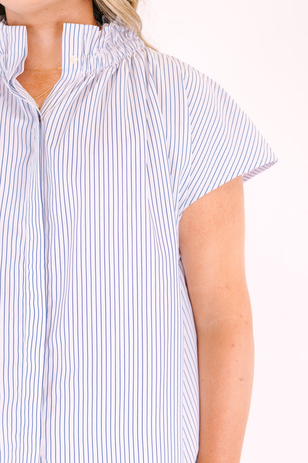 Chic Soul plus size clothing, blue pin stripe short sleeve button up ruffled collared top
