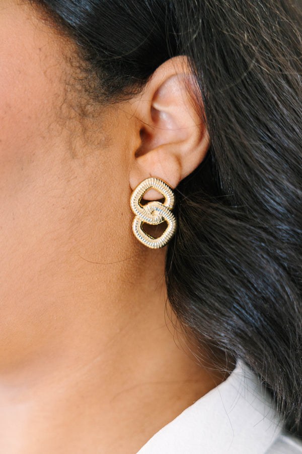 Plus Size gold textured double-hoop earrings with a ribbed, interlocking design.