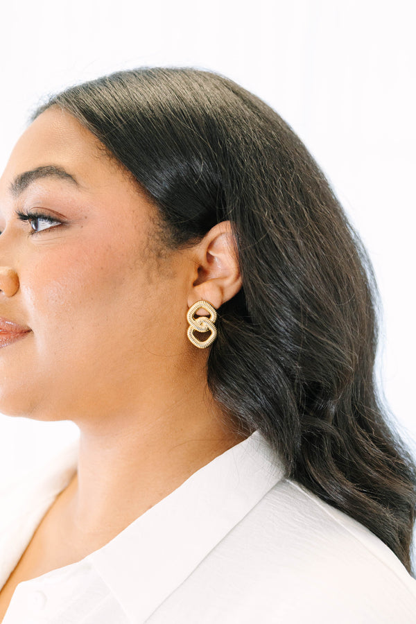 Plus Size gold textured double-hoop earrings with a ribbed, interlocking design.