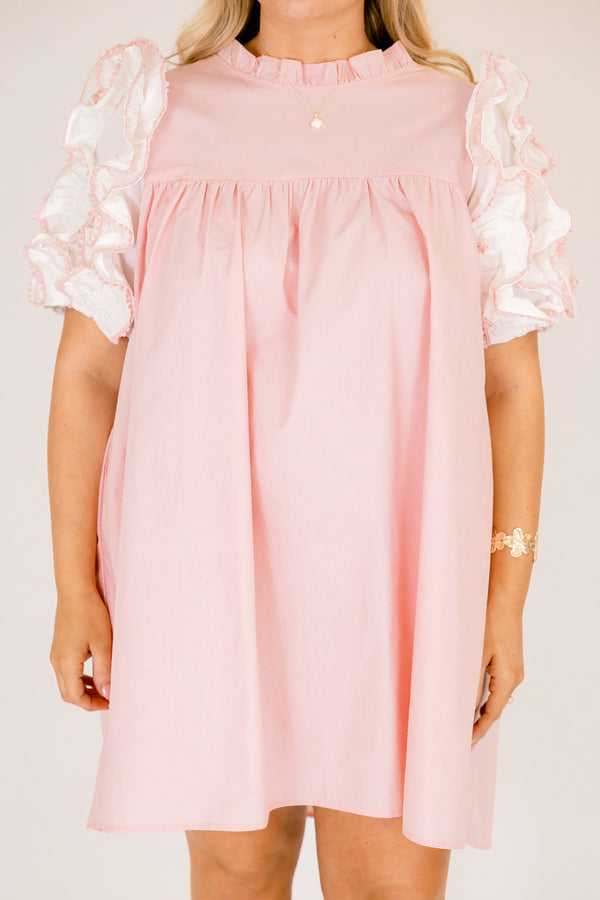 Chic Soul plus size clothing, light pink baby doll dress with white puff ruffle sleeves and ruffle high neck collar