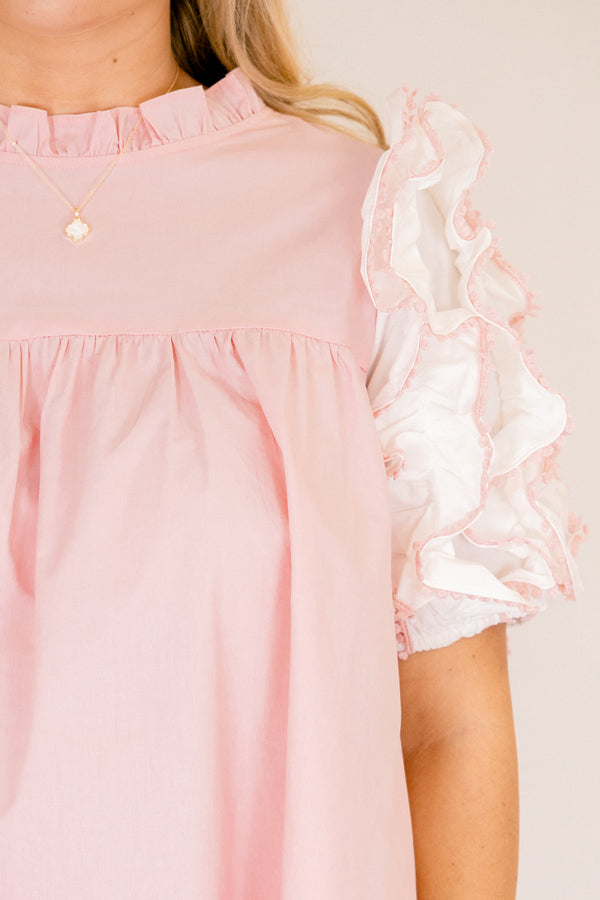 Chic Soul plus size clothing, light pink baby doll dress with white puff ruffle sleeves and ruffle high neck collar