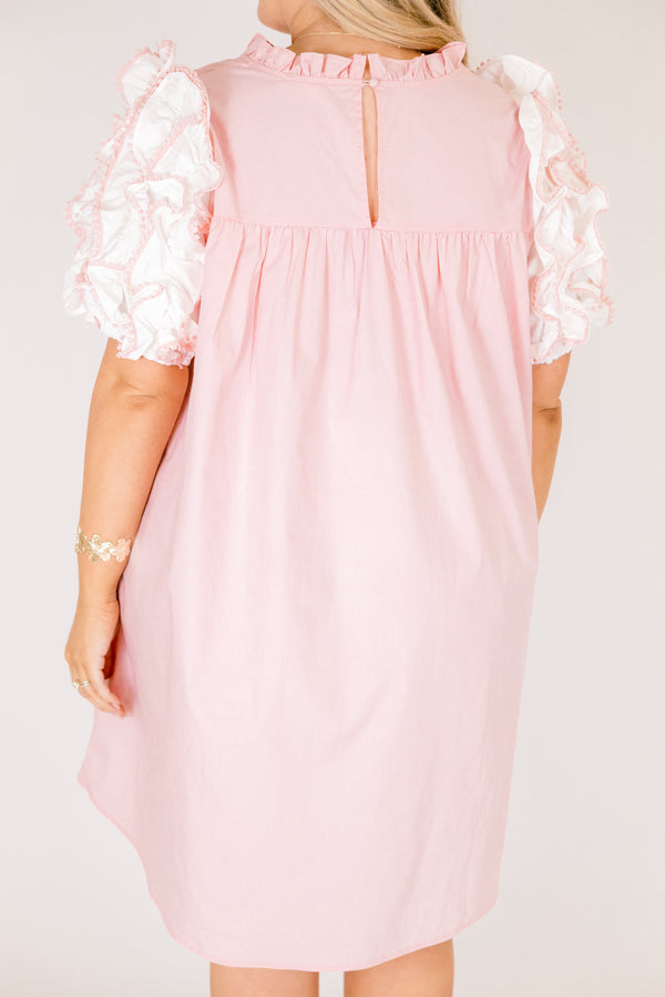 Chic Soul plus size clothing, light pink baby doll dress with white puff ruffle sleeves and ruffle high neck collar