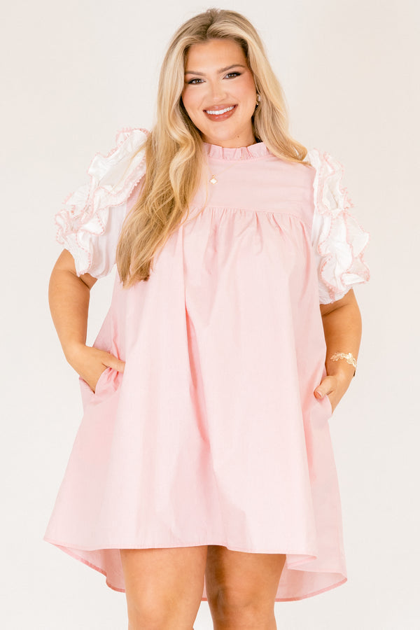 Chic Soul plus size clothing, light pink baby doll dress with white puff ruffle sleeves and ruffle high neck collar