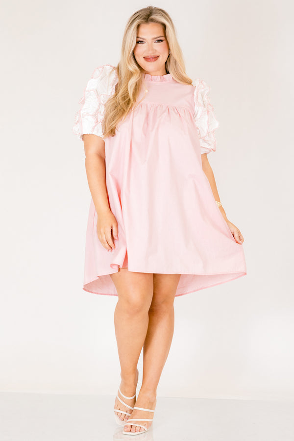 Chic Soul plus size clothing, light pink baby doll dress with white puff ruffle sleeves and ruffle high neck collar