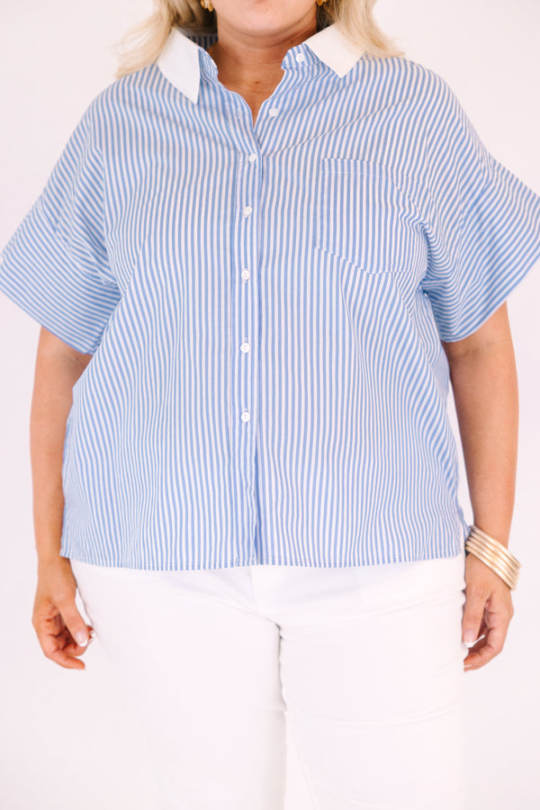 Chic Soul plus size clothing, blue and white pin stripe short sleeve button down top with white collar and slits along the sides of the top