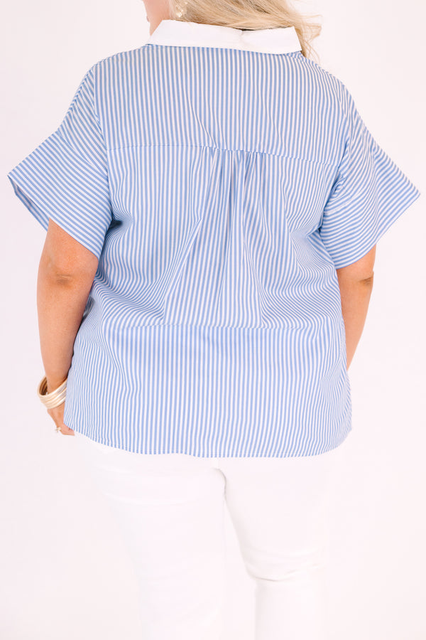 Chic Soul plus size clothing, blue and white pin stripe short sleeve button down top with white collar and slits along the sides of the top
