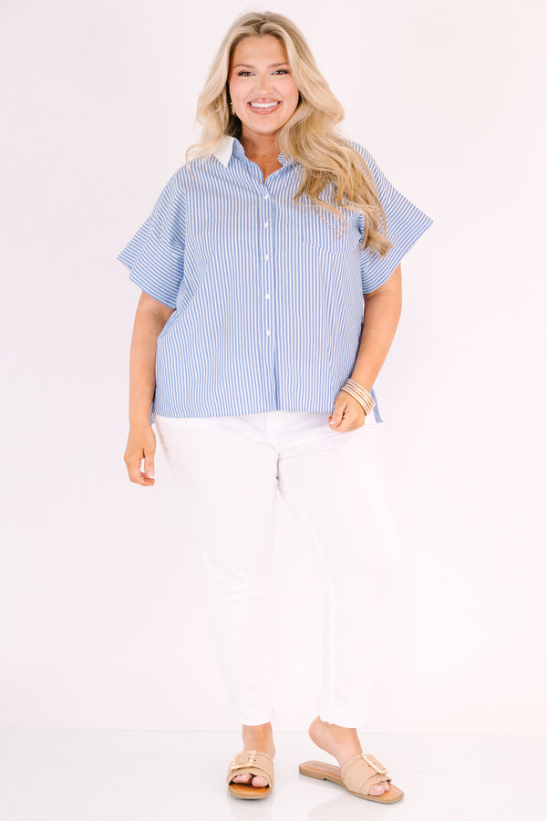 Chic Soul plus size clothing, blue and white pin stripe short sleeve button down top with white collar and slits along the sides of the top