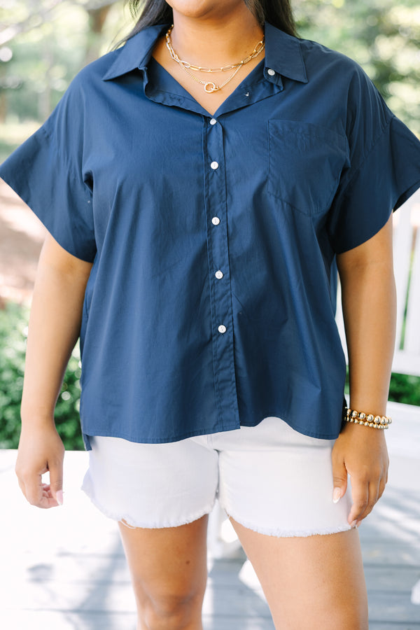 Chic Soul plus size clothing, short sleeve navy blue button up with front pocket and a slight high low hemline