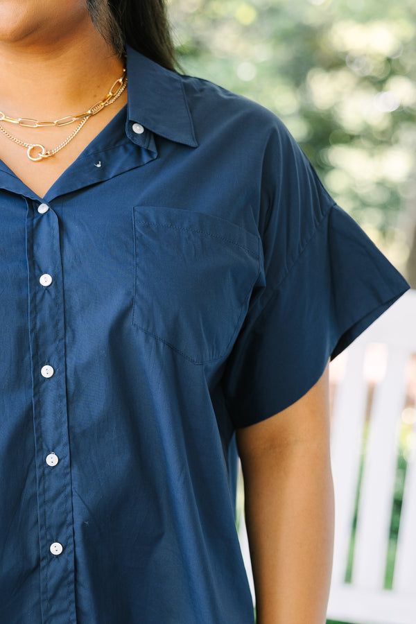 Chic Soul plus size clothing, short sleeve navy blue button up with front pocket and a slight high low hemline