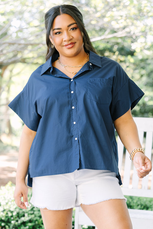 Chic Soul plus size clothing, short sleeve navy blue button up with front pocket and a slight high low hemline