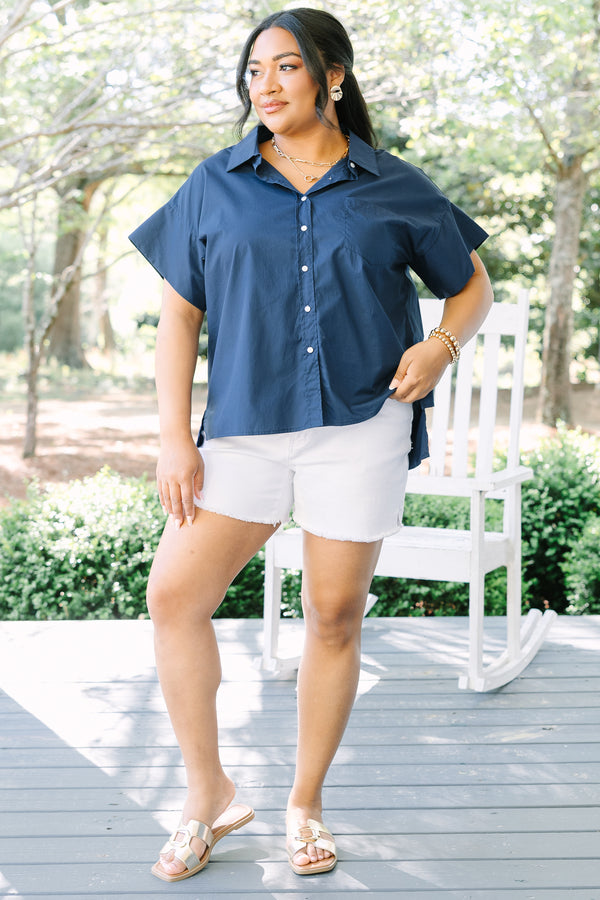 Chic Soul plus size clothing, short sleeve navy blue button up with front pocket and a slight high low hemline