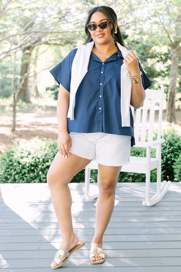 Chic Soul plus size clothing, short sleeve navy blue button up with front pocket and a slight high low hemline