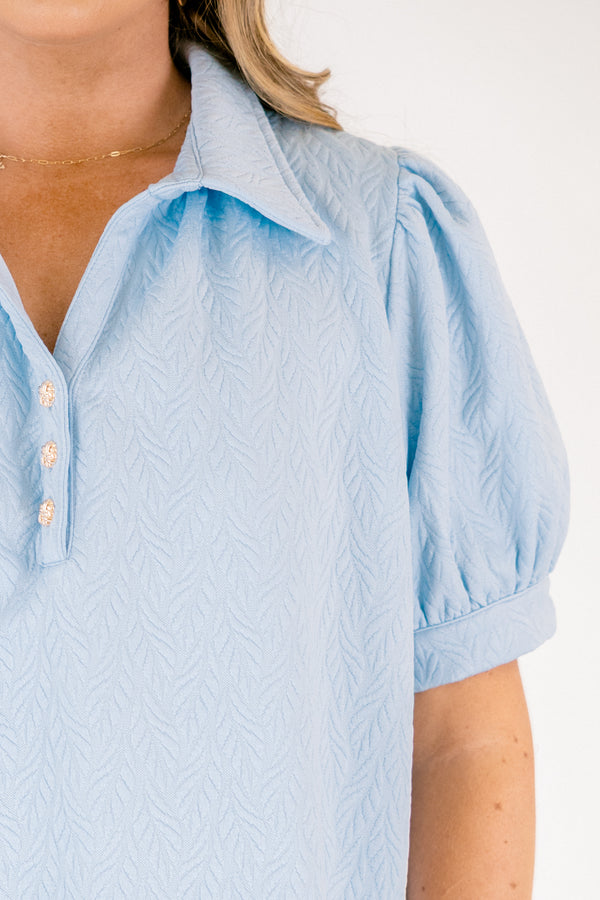 Chic soul plus size clothing, light blue puff sleeve textured top with button up v neck