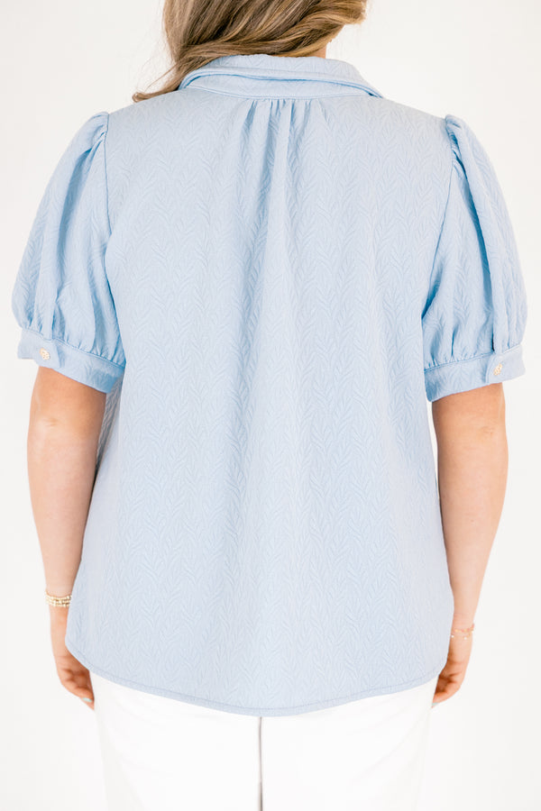 Chic soul plus size clothing, light blue puff sleeve textured top with button up v neck