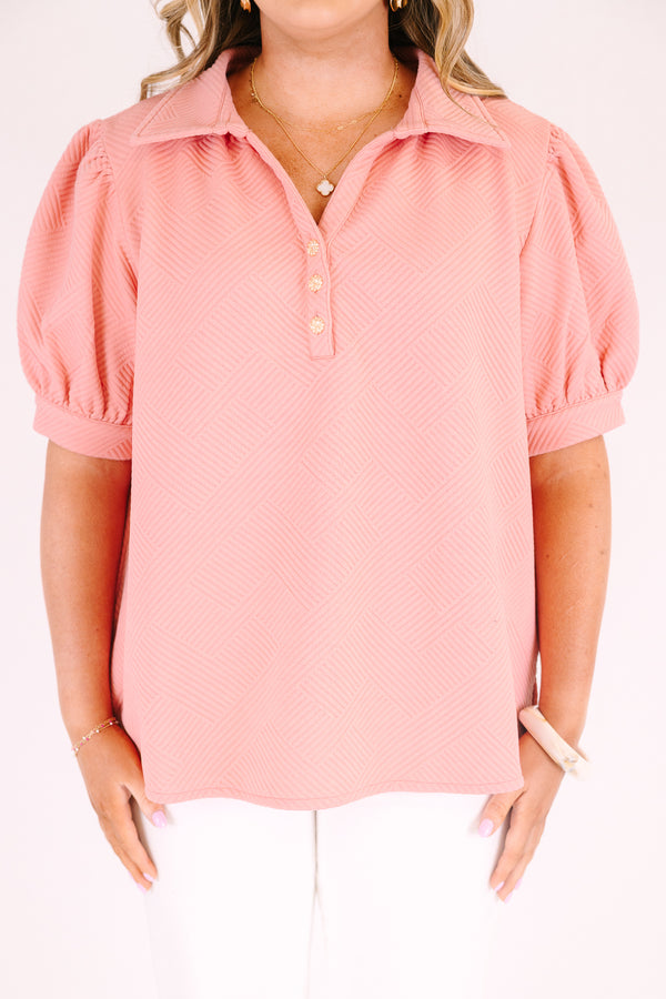 Chic Soul plus size clothing, blush pink short puff sleeve top with half button up collar and textured fabric