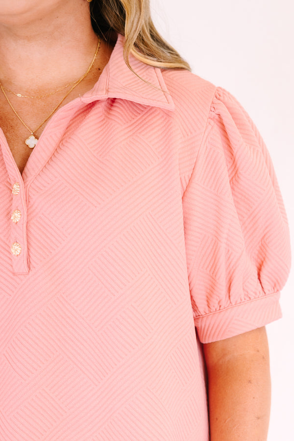 Chic Soul plus size clothing, blush pink short puff sleeve top with half button up collar and textured fabric