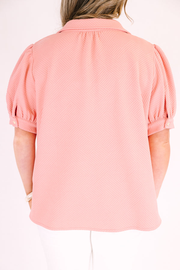 Chic Soul plus size clothing, blush pink short puff sleeve top with half button up collar and textured fabric