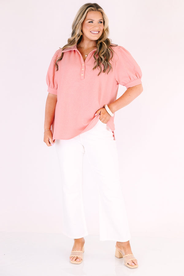 Chic Soul plus size clothing, blush pink short puff sleeve top with half button up collar and textured fabric
