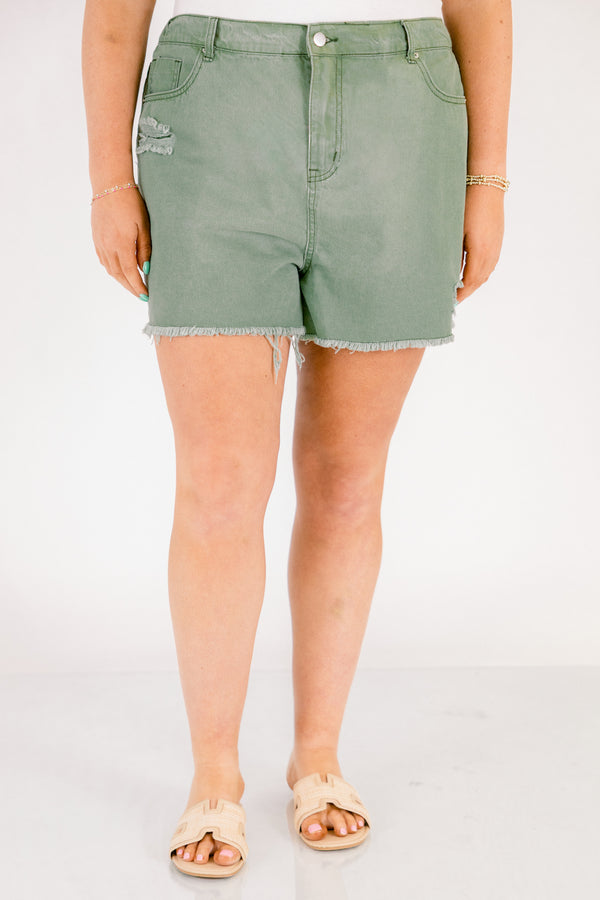 Chic Soul plus size clothing, olive green shorts with button and zipper fly and distressing under the front right pocket